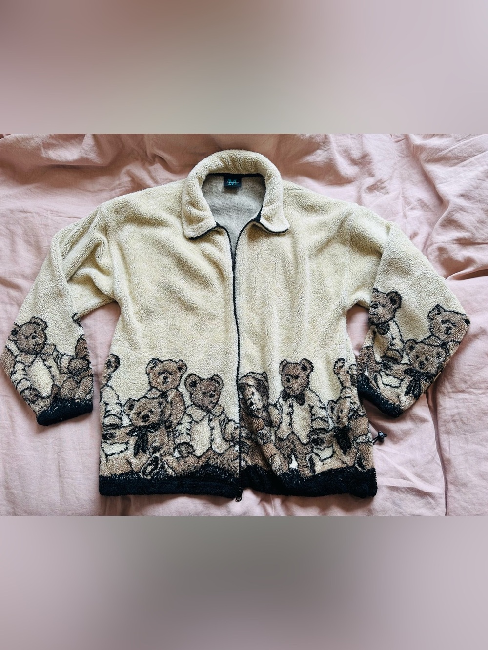 Teddy Print Sherpa Zip-Front Jacket - Cream M L XL - Picture 6 of 7